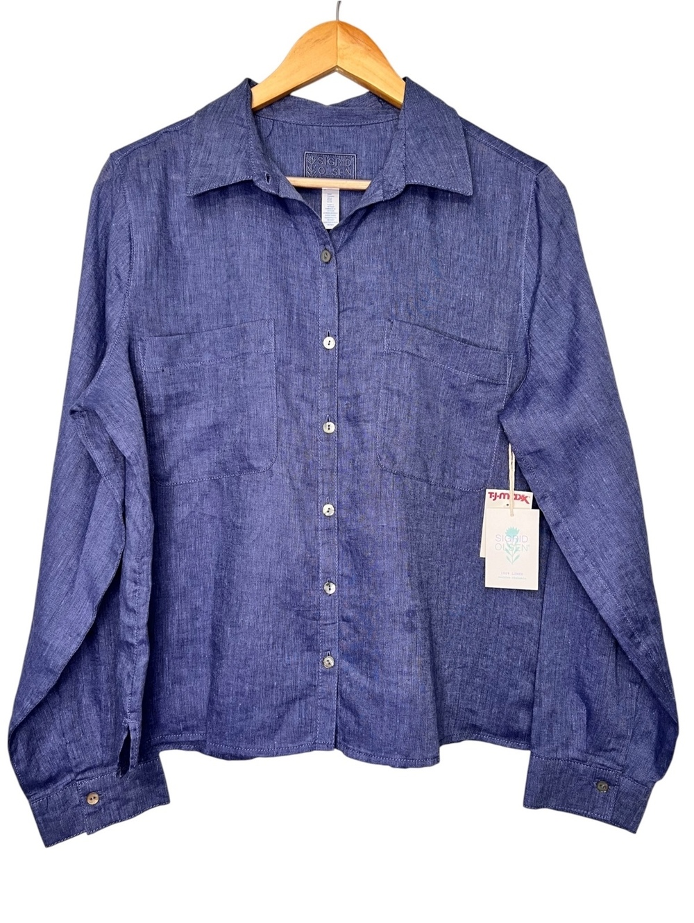 Sigrid Olsen Denim 100% Linen Button Down Shirt Medium Coastal Lightweight